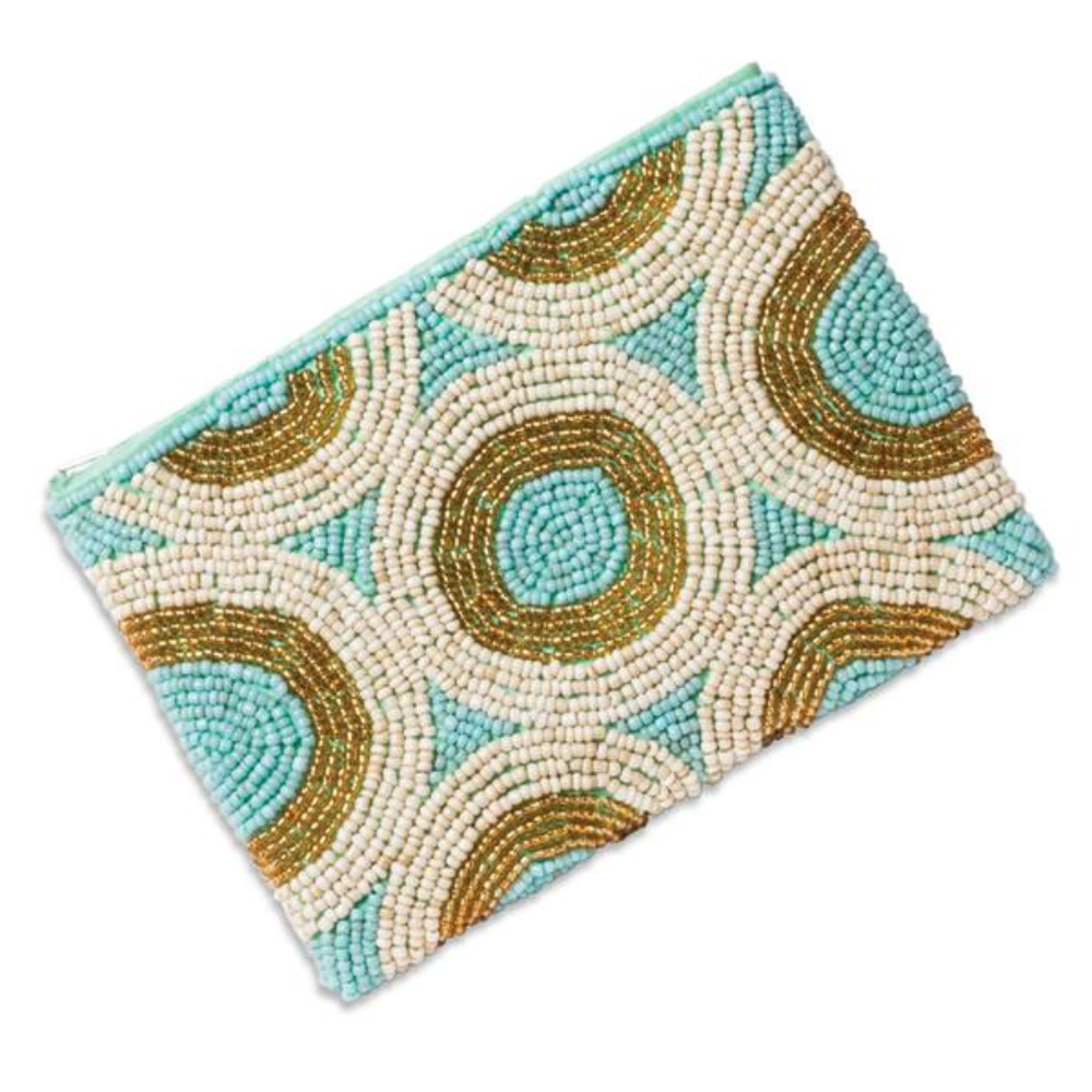 Beaded Circles Coin Purse in Aqua, White & Gold